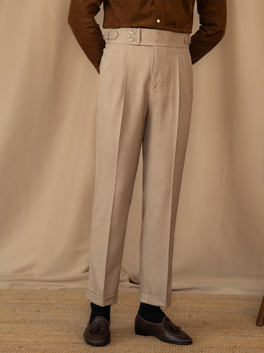 Pantalon en Laine Mélangée pour Hommes avec Taille Haute pour Tenues Formelles et Décontractées Chic