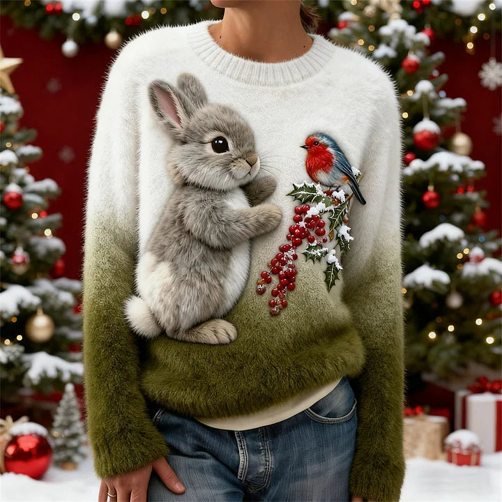 Suzette – Pull en Peluche avec un Lapin de Noël