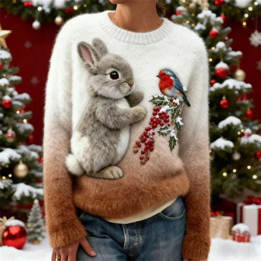 Suzette – Pull en Peluche avec un Lapin de Noël